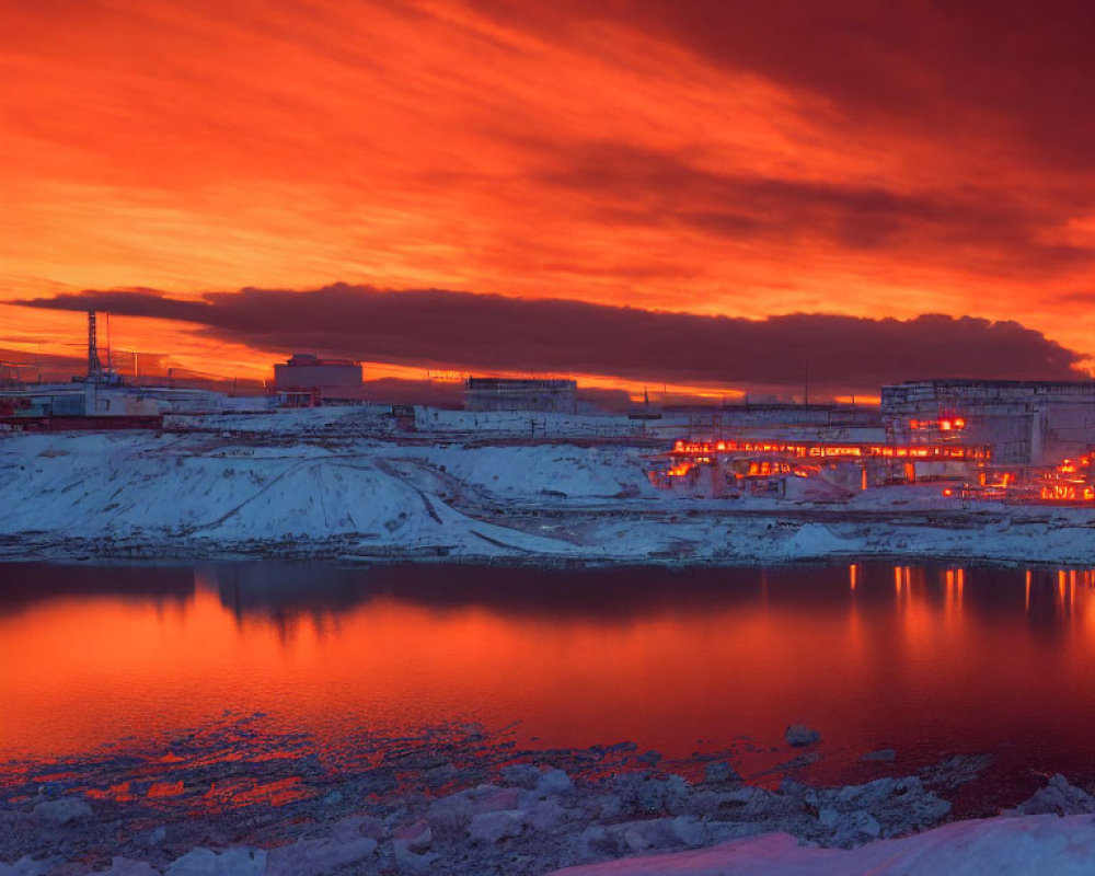 Urban landscape at sunset with industrial area, red sky, water reflections, and snow patches.