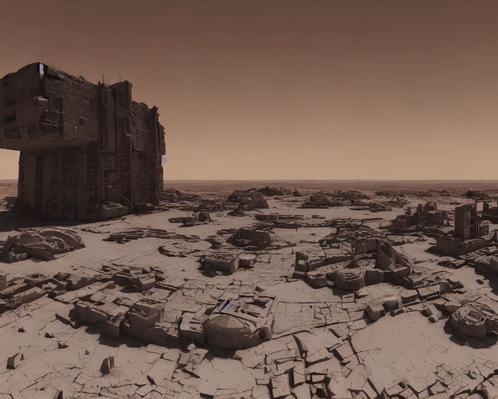 Desolate Martian landscape with futuristic building and ruins.