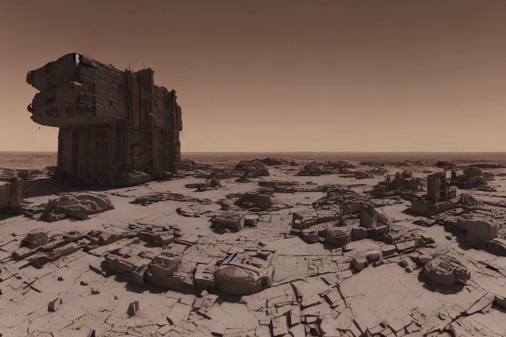 Desolate Martian landscape with futuristic building and ruins.