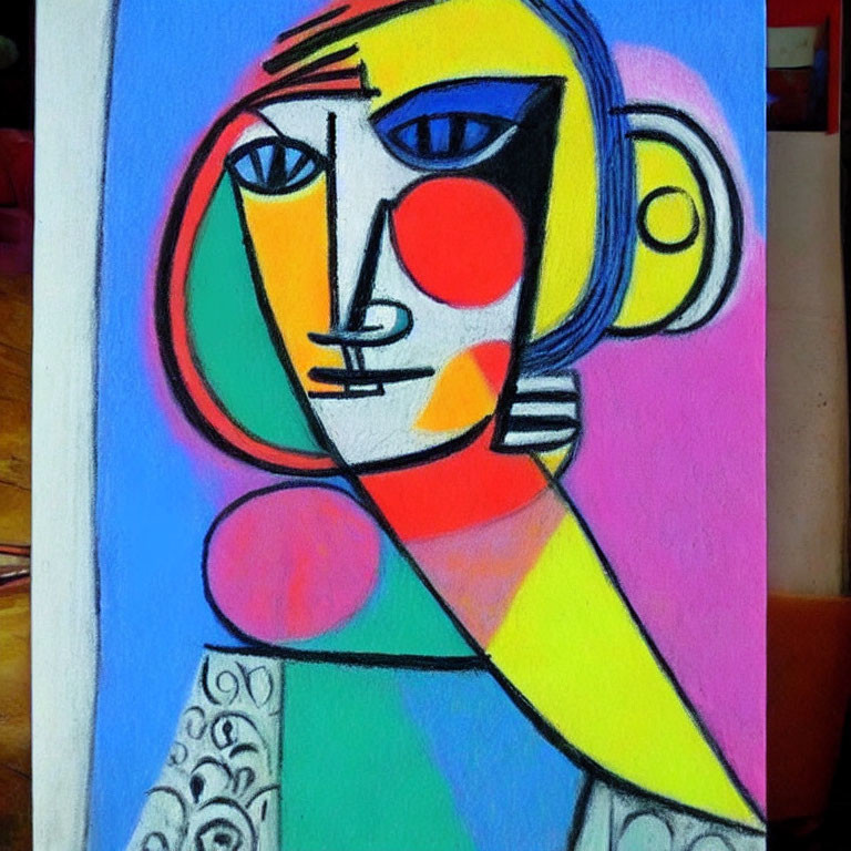 Colorful Abstract Portrait Painting with Geometric Shapes and Lines