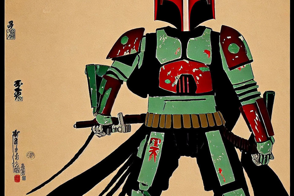 Character in traditional samurai armor with futuristic elements on vintage beige background.