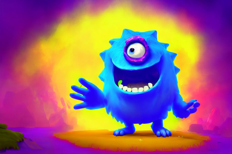 Colorful one-eyed blue monster illustration on vibrant background