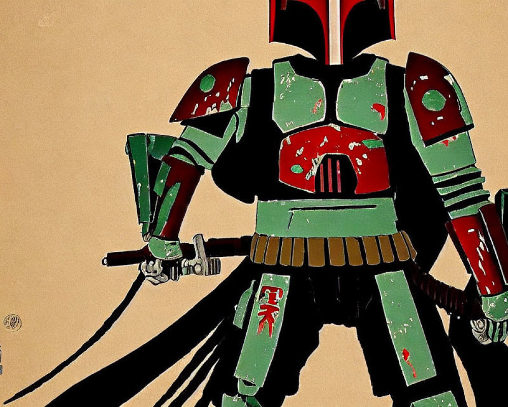 Character in traditional samurai armor with futuristic elements on vintage beige background.