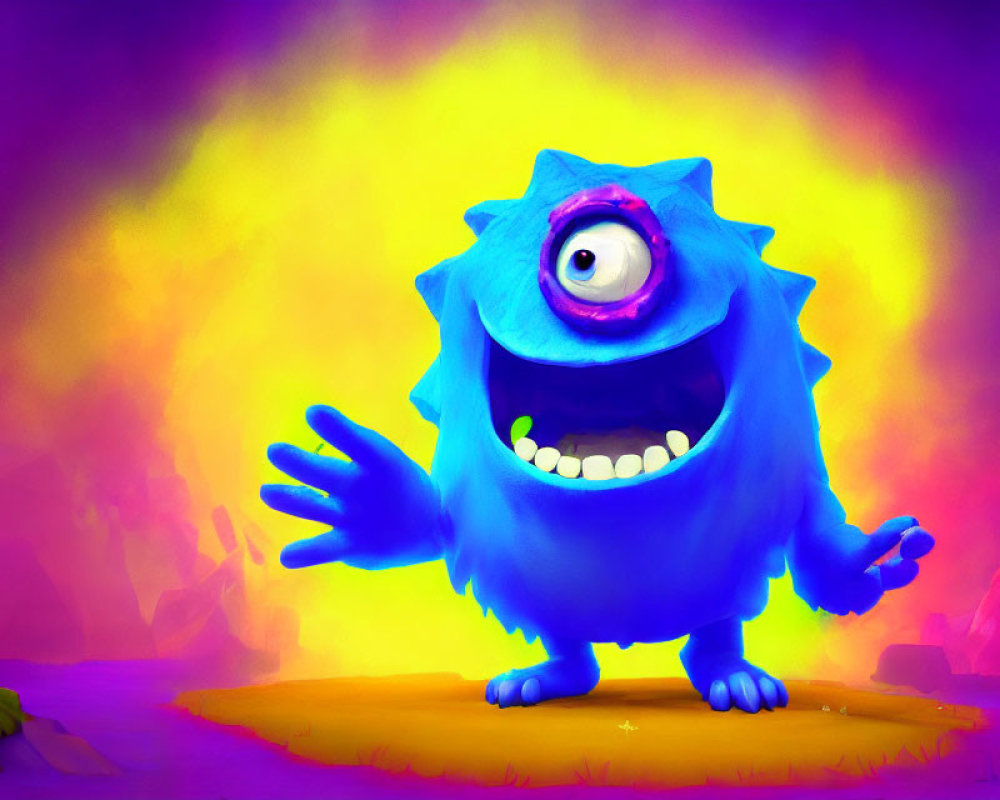 Colorful one-eyed blue monster illustration on vibrant background