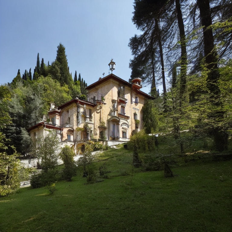 Old Villa Surrounded by Greenery and Trees on Clear Sky Background