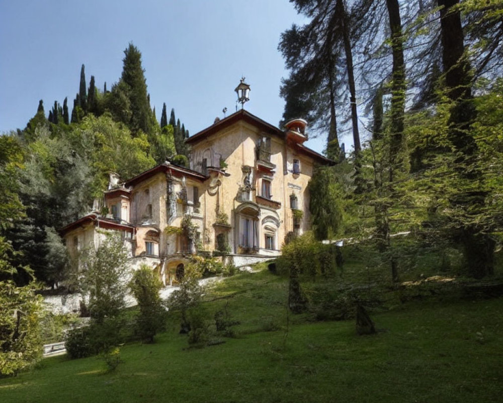 Old Villa Surrounded by Greenery and Trees on Clear Sky Background