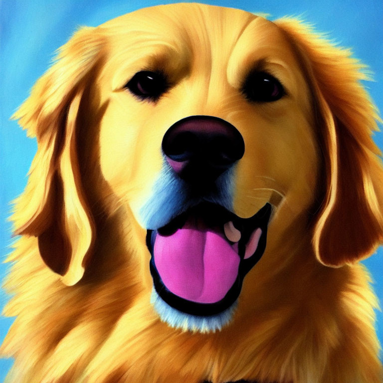 Close-up Painting of Smiling Golden Retriever on Blue Background