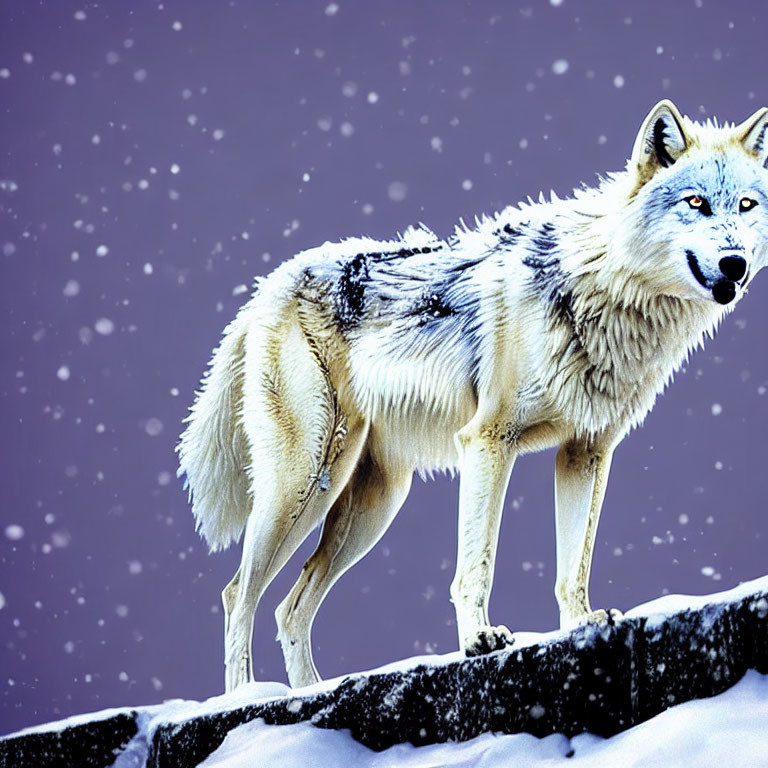 White Wolf with Grey and Black Fur on Snowy Ridge in Falling Snow Scene