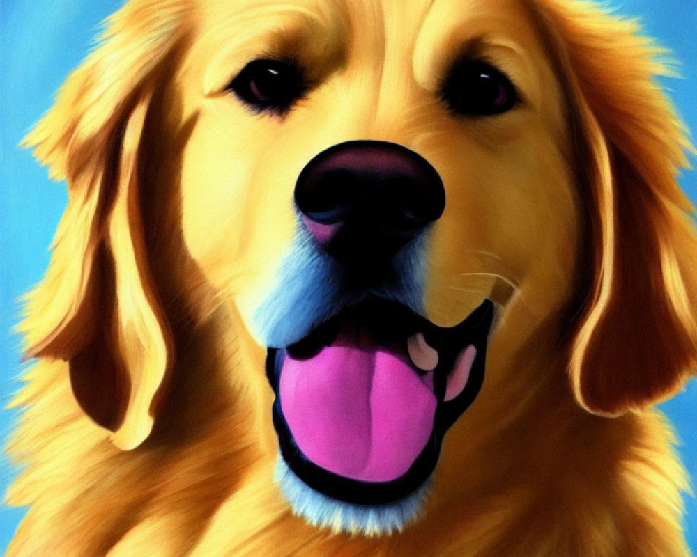 Close-up Painting of Smiling Golden Retriever on Blue Background