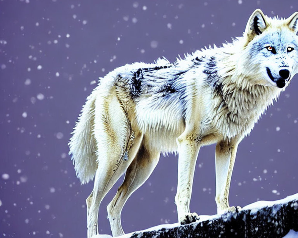 White Wolf with Grey and Black Fur on Snowy Ridge in Falling Snow Scene