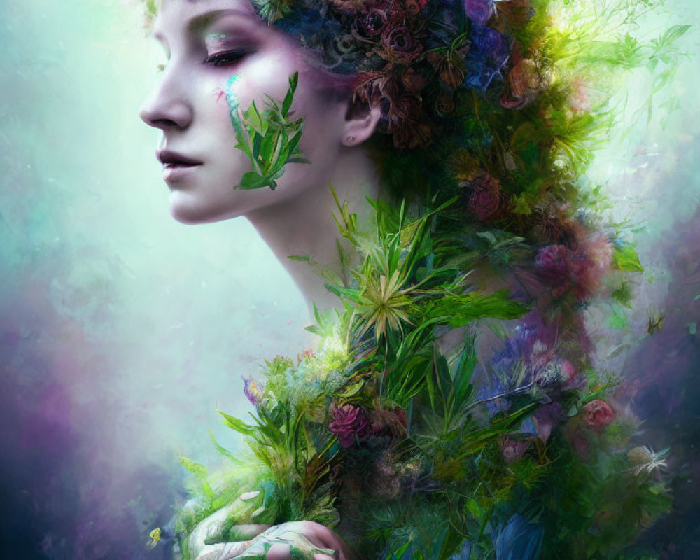 Surreal portrait of woman with flowers and foliage in misty background