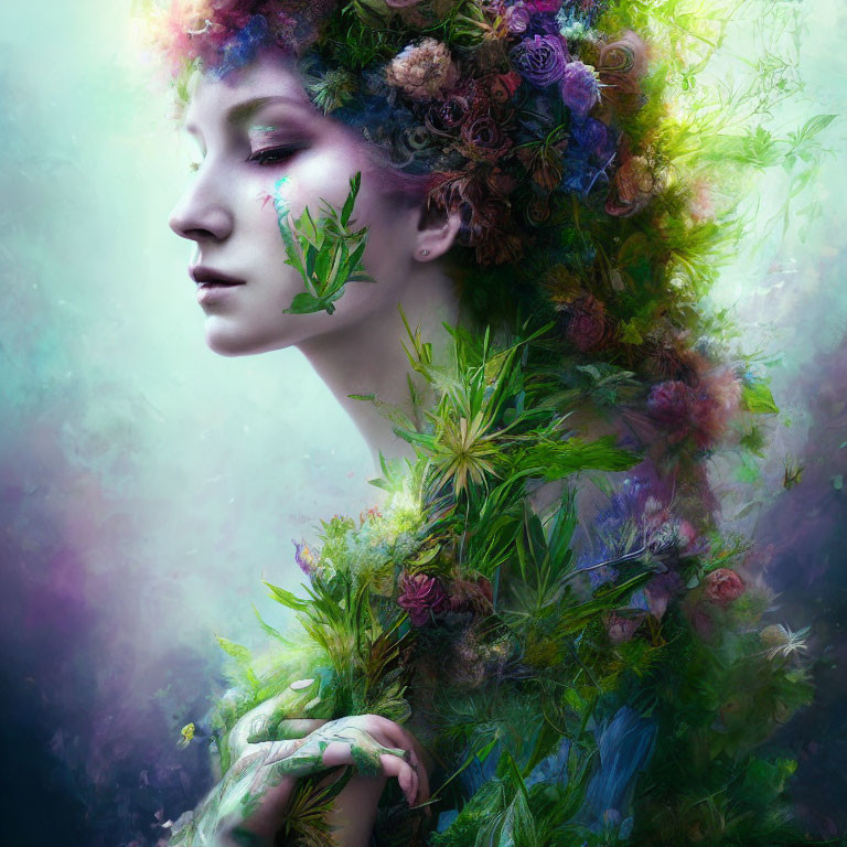 Surreal portrait of woman with flowers and foliage in misty background