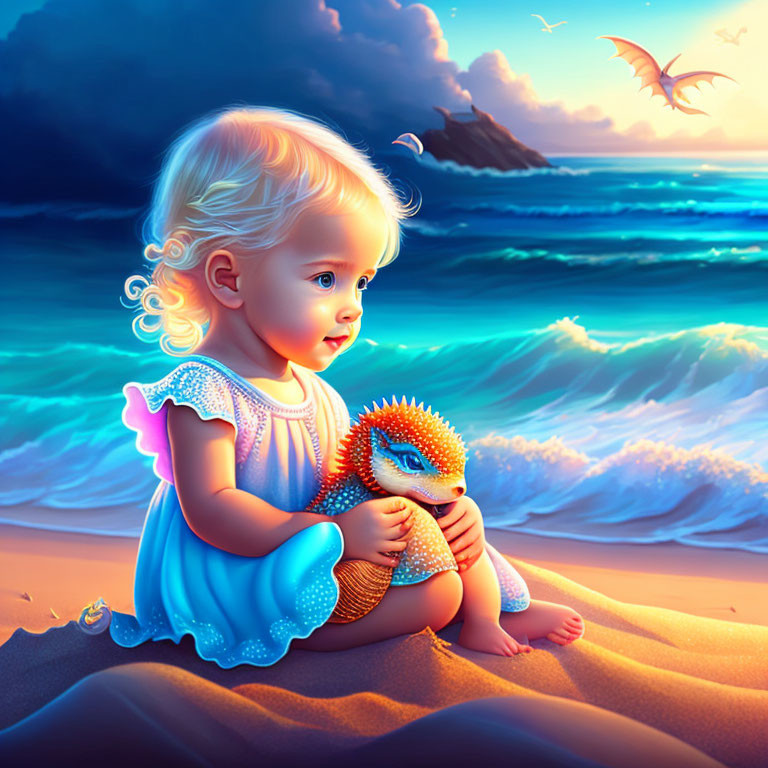 Toddler in Blue Dress with Hatching Dragon on Beach at Sunset