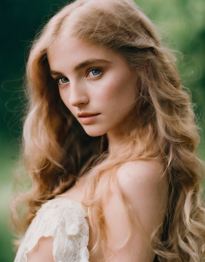 Blonde woman portrait with blue eyes and lace garment