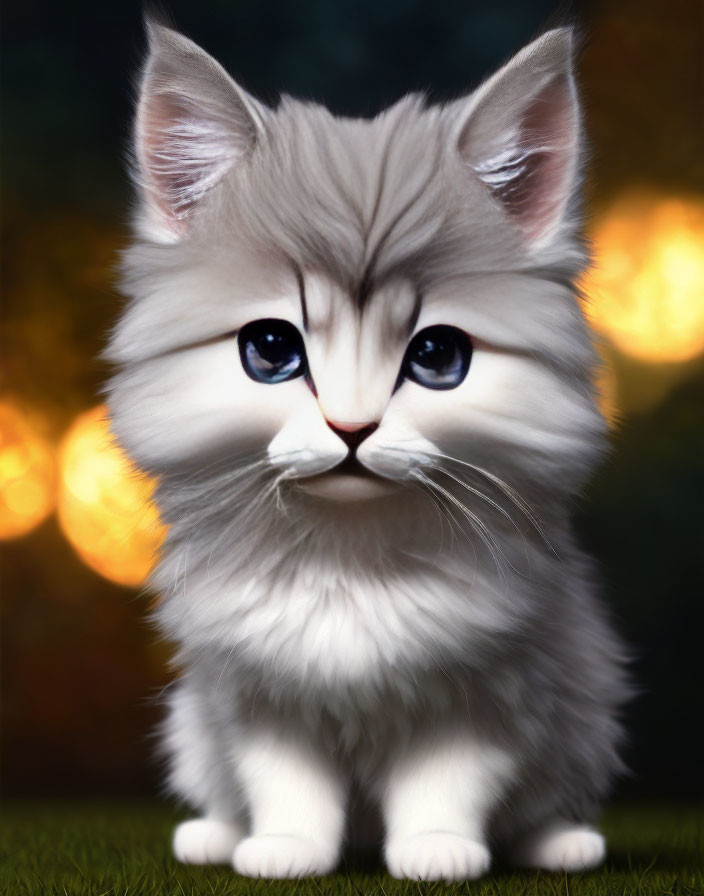 Fluffy white kitten with blue eyes on grass under warm lights