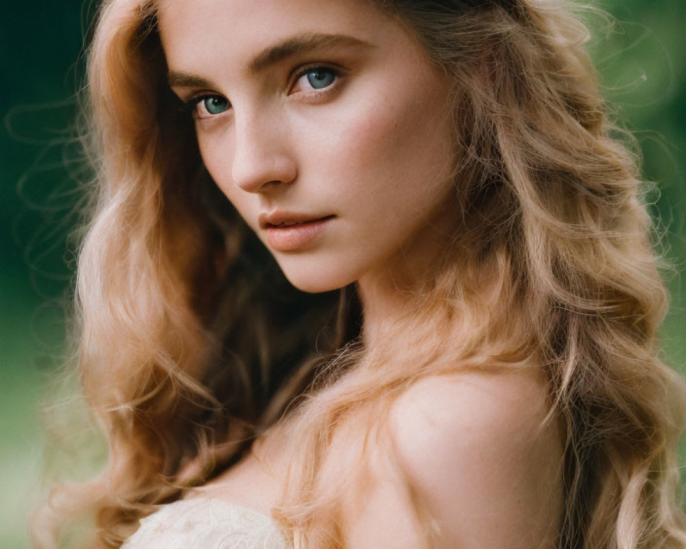 Blonde woman portrait with blue eyes and lace garment