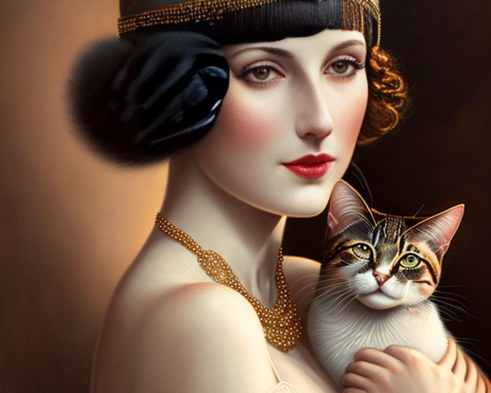 Digital painting of a woman in vintage attire with a cloche hat and a cat, embodying 