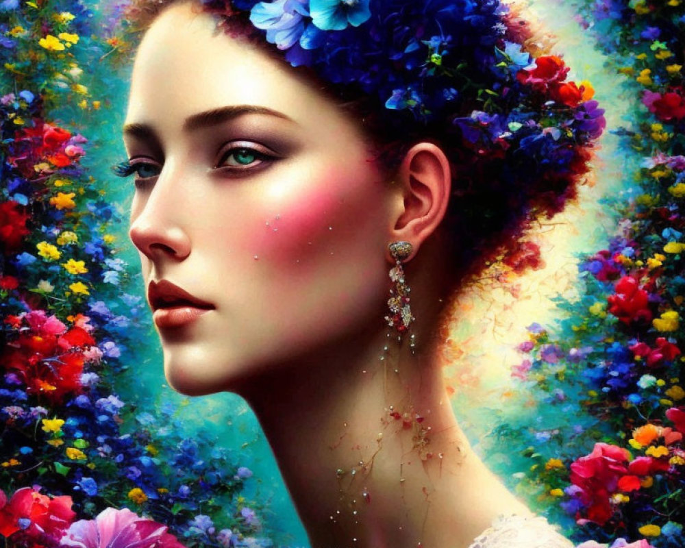 Digital artwork: Woman with floral hairstyle and starry earring in vibrant fantasy setting