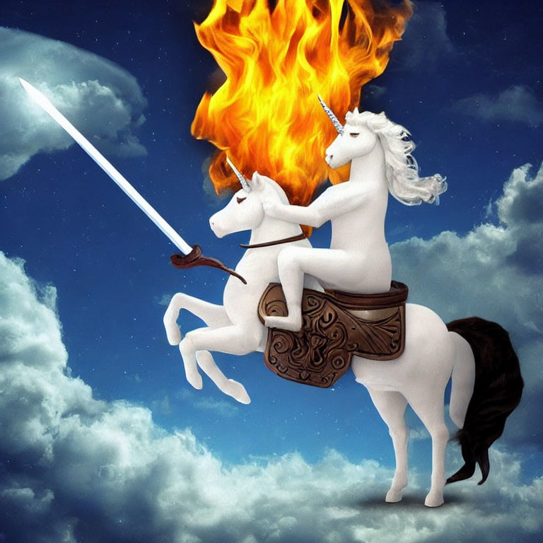 Mythical unicorn duo in fiery sky journey