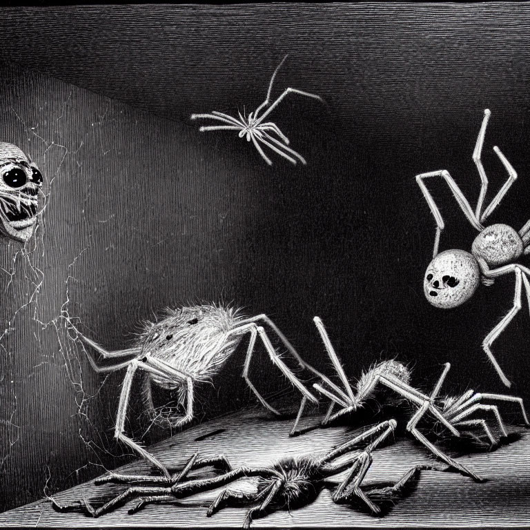 Monochrome image of spiders with skull pattern, set against web backdrop