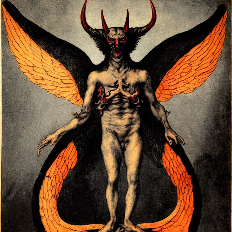 Illustration of winged creature with horns and claws on dark background