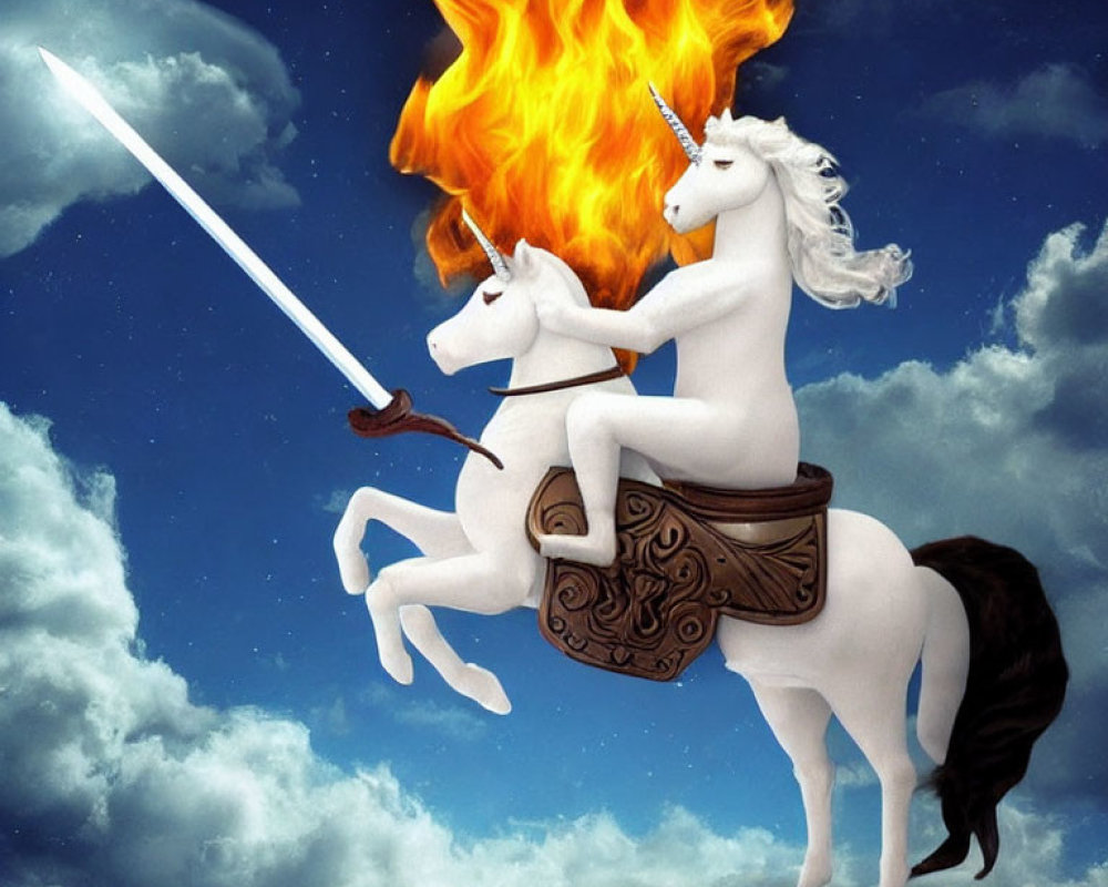 Mythical unicorn duo in fiery sky journey