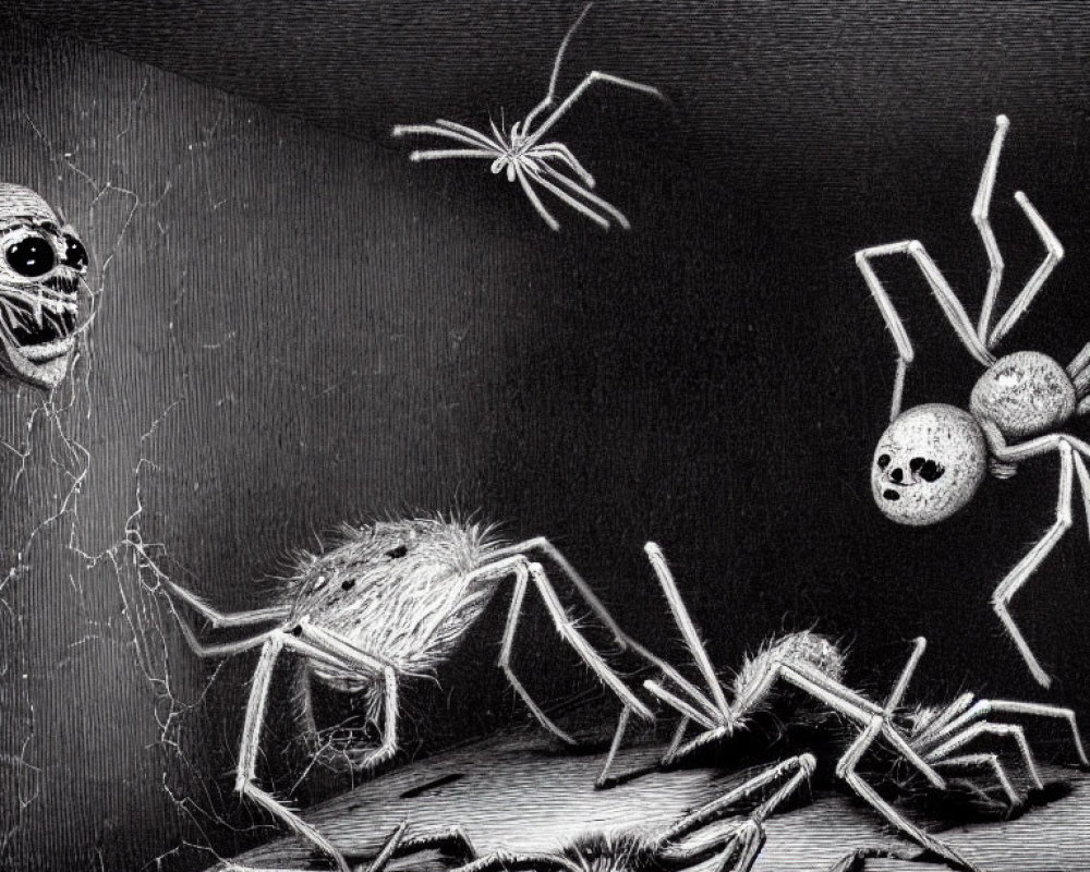 Monochrome image of spiders with skull pattern, set against web backdrop