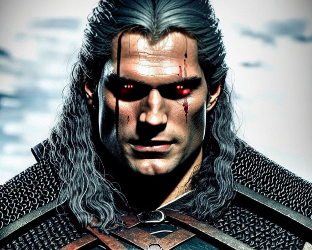 Digital Artwork: White-Haired Man in Armor with Glowing Red Eyes