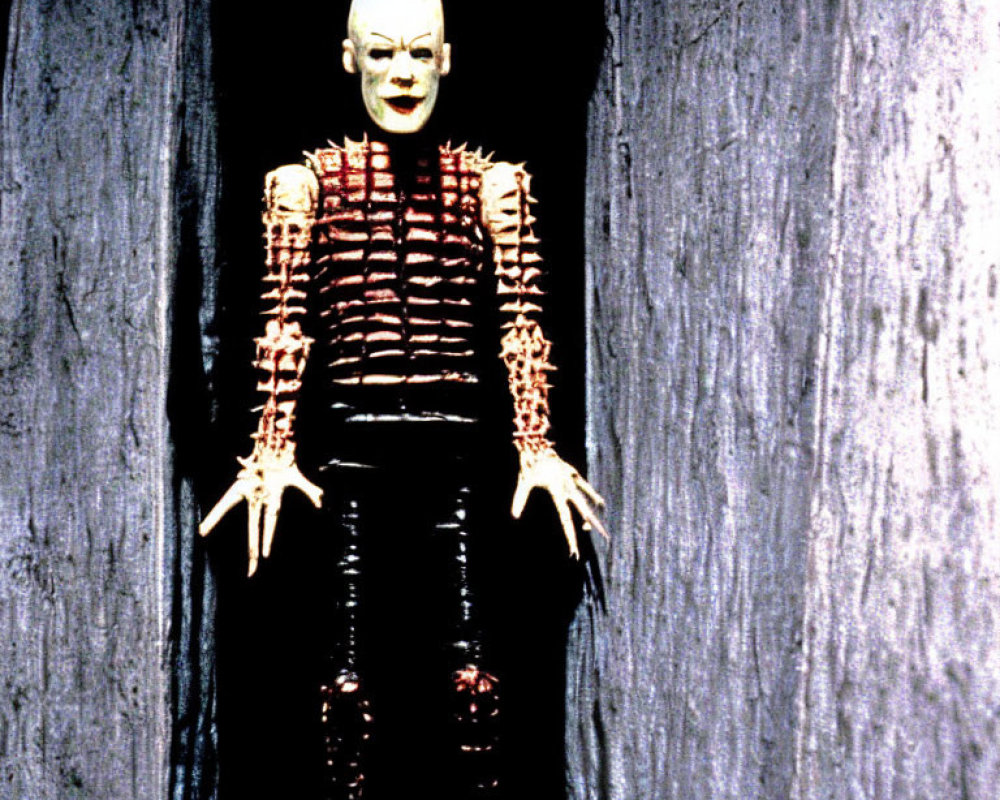 Pale bald character with grid-like scars in dark doorway