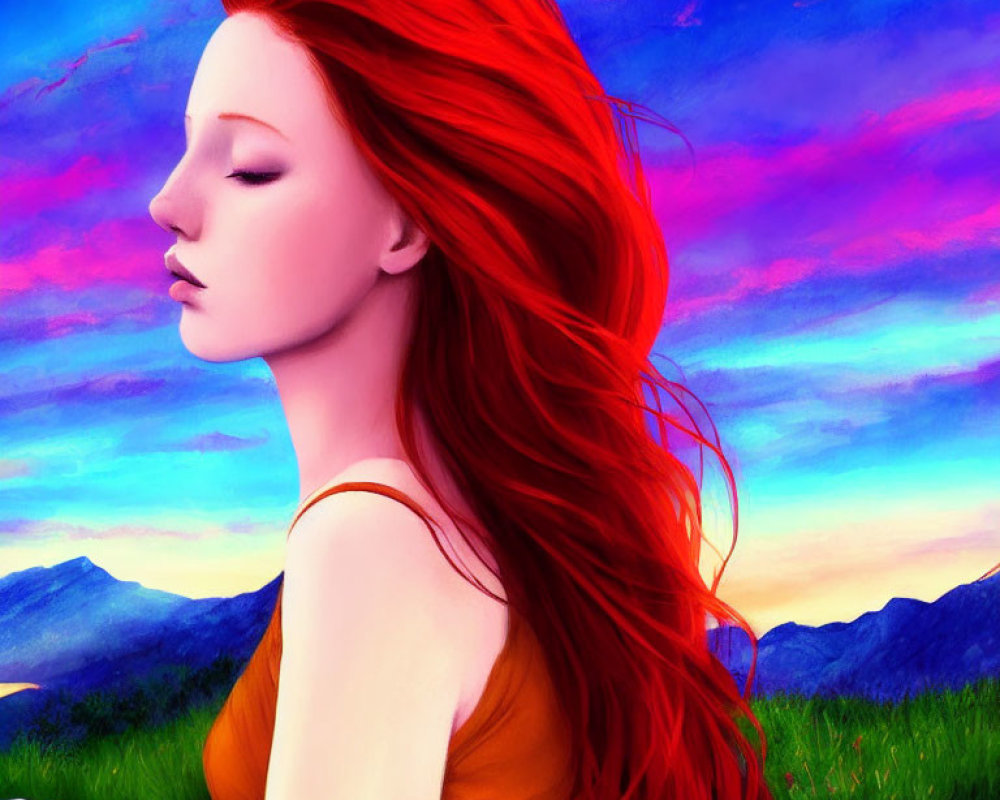 Digital artwork features woman with red hair in field at sunset