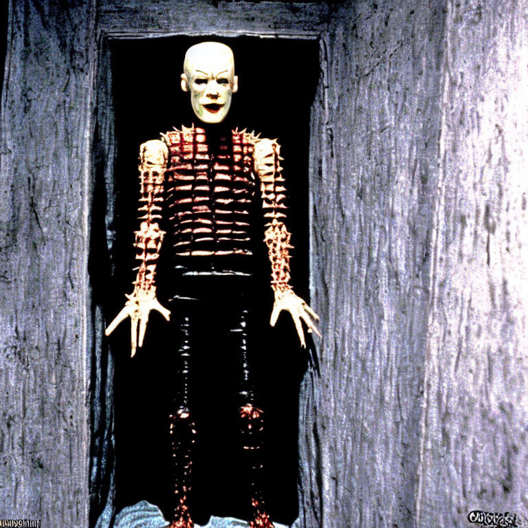 Pale bald character with grid-like scars in dark doorway