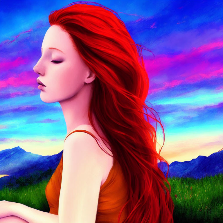 Digital artwork features woman with red hair in field at sunset