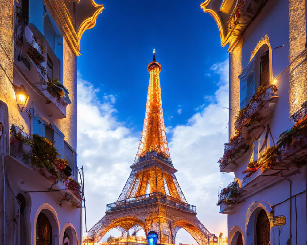 Eiffel Tower Illuminated at Dusk Between European Buildings and Flowers