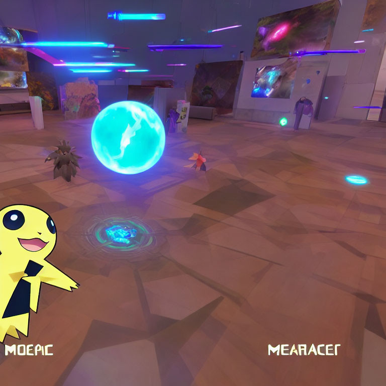 Virtual gaming environment with glowing elements and blue hologram, featuring a yellow creature.