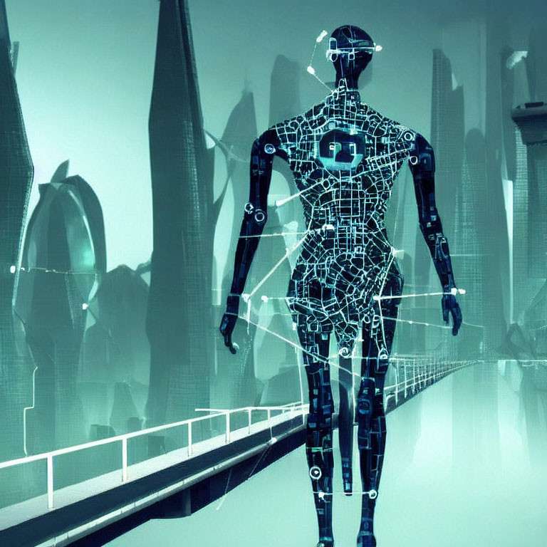 Translucent wireframe humanoid robot in futuristic cityscape