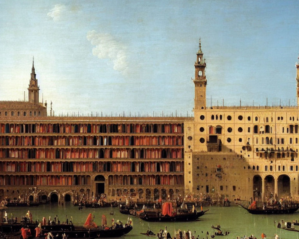 Detailed Painting: Venice's Grand Canal with Ornate Buildings, Gondolas, and Bustling Bo