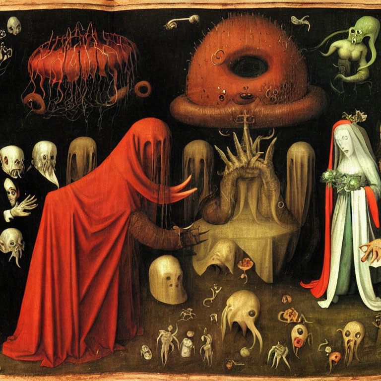 Surreal painting of red-cloaked figure with tree, skulls, creatures, and white-ro