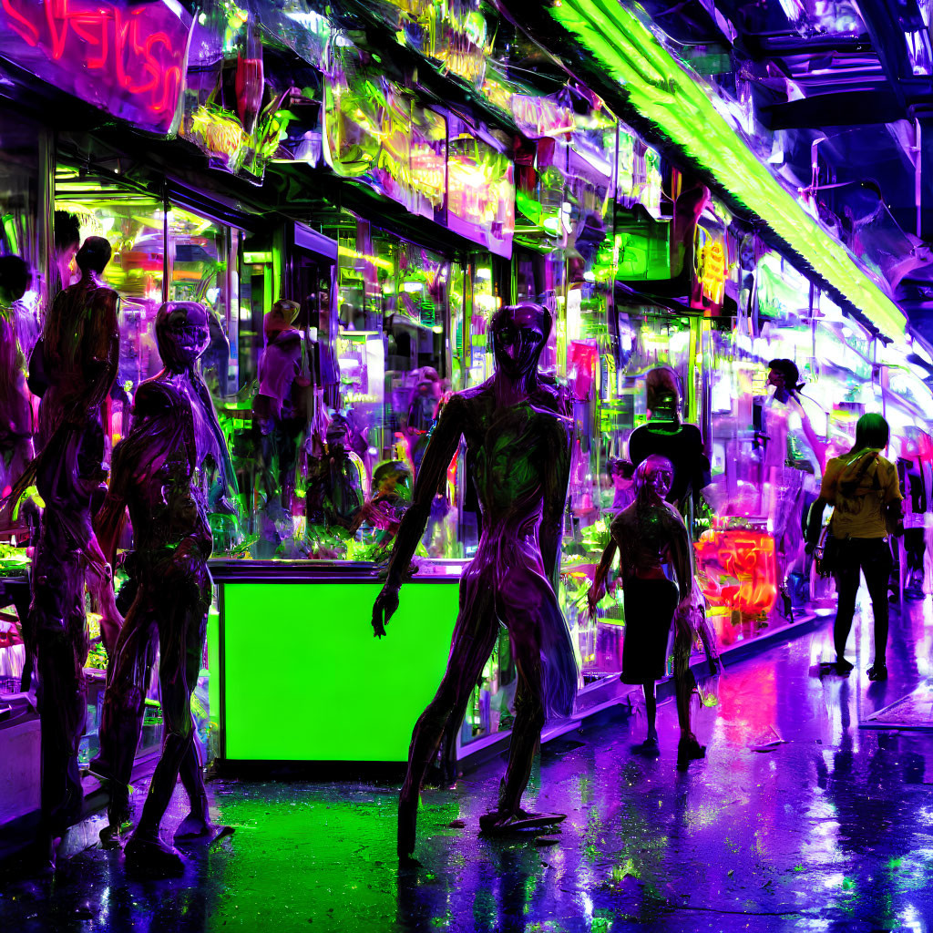 Neon-lit street scene with mannequins and pedestrians under glowing storefront canopies