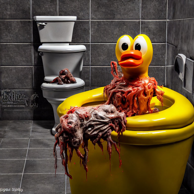 Eerie image of large rubber duck on yellow toilet with tentacle-like textures