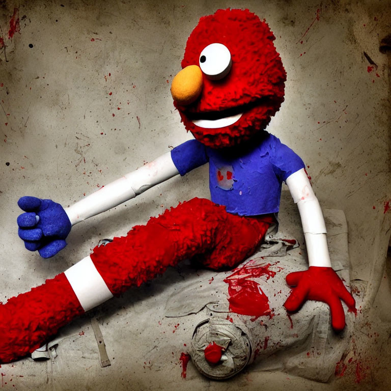 Dark reinterpretation of red puppet character with missing eye and blood-like splatters