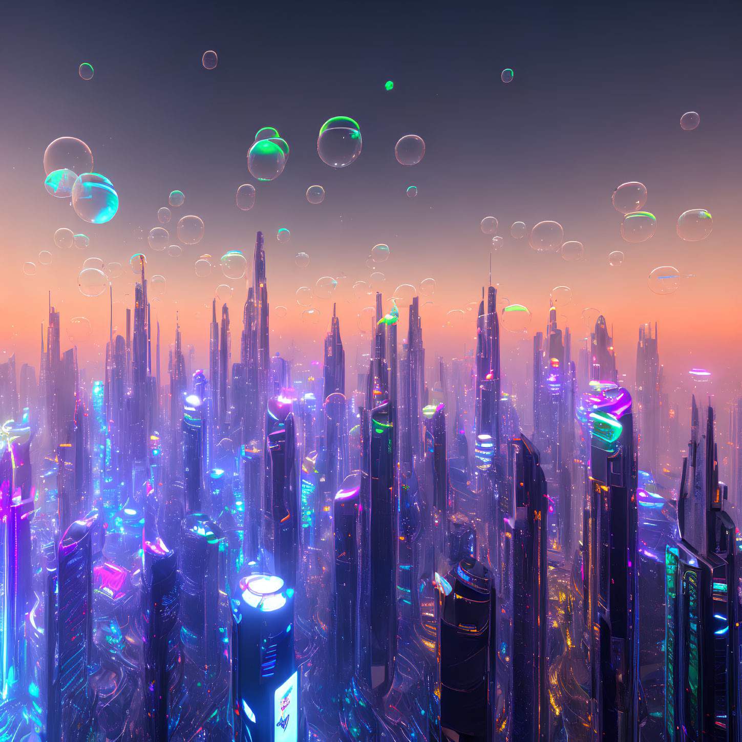 Futuristic cityscape with neon-lit skyscrapers and floating bubbles at dusk