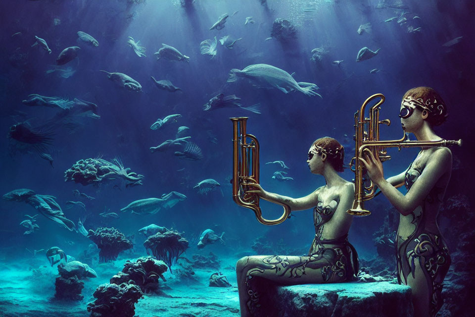 Ornately designed human-like figures playing trumpets underwater surrounded by fish and coral