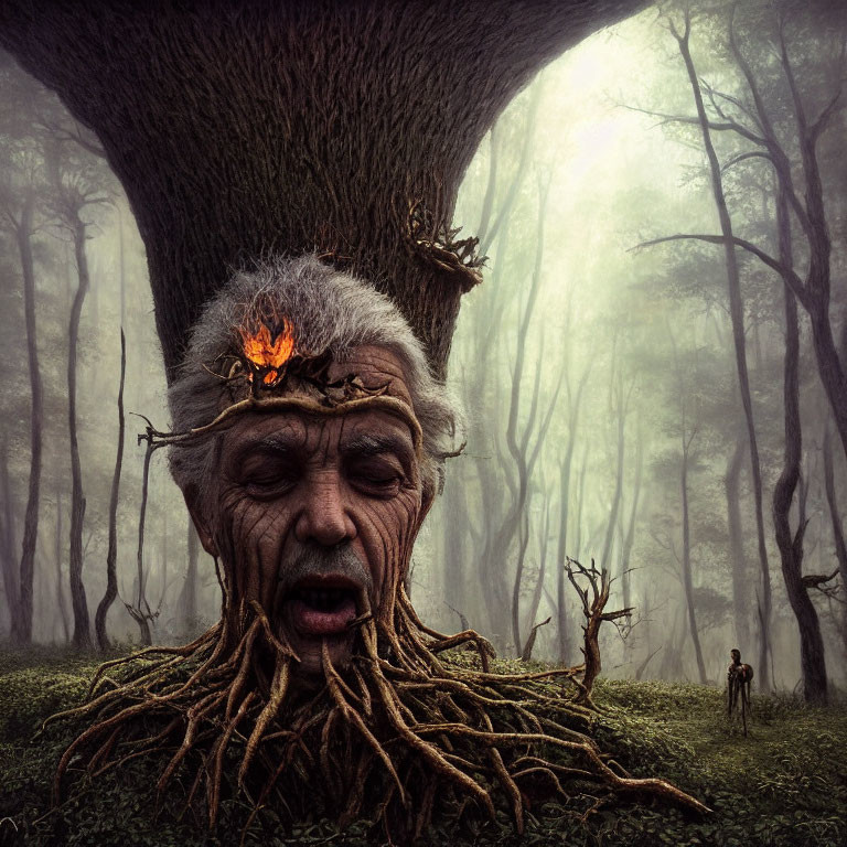 Elder man's face merging with a tree trunk in mystical forest