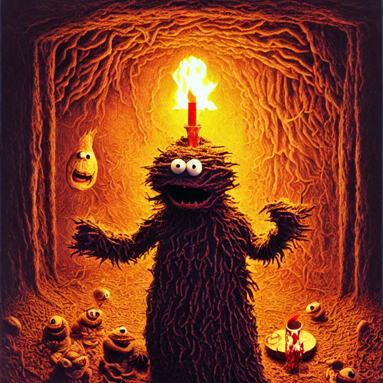 Wide-eyed furry creature with candle in orange cave surrounded by small figures and smiling creature