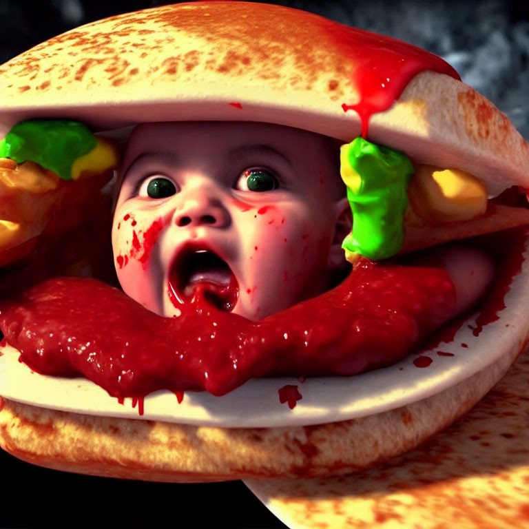 Baby's Face Emerges from Red Sauce-Covered Sandwich