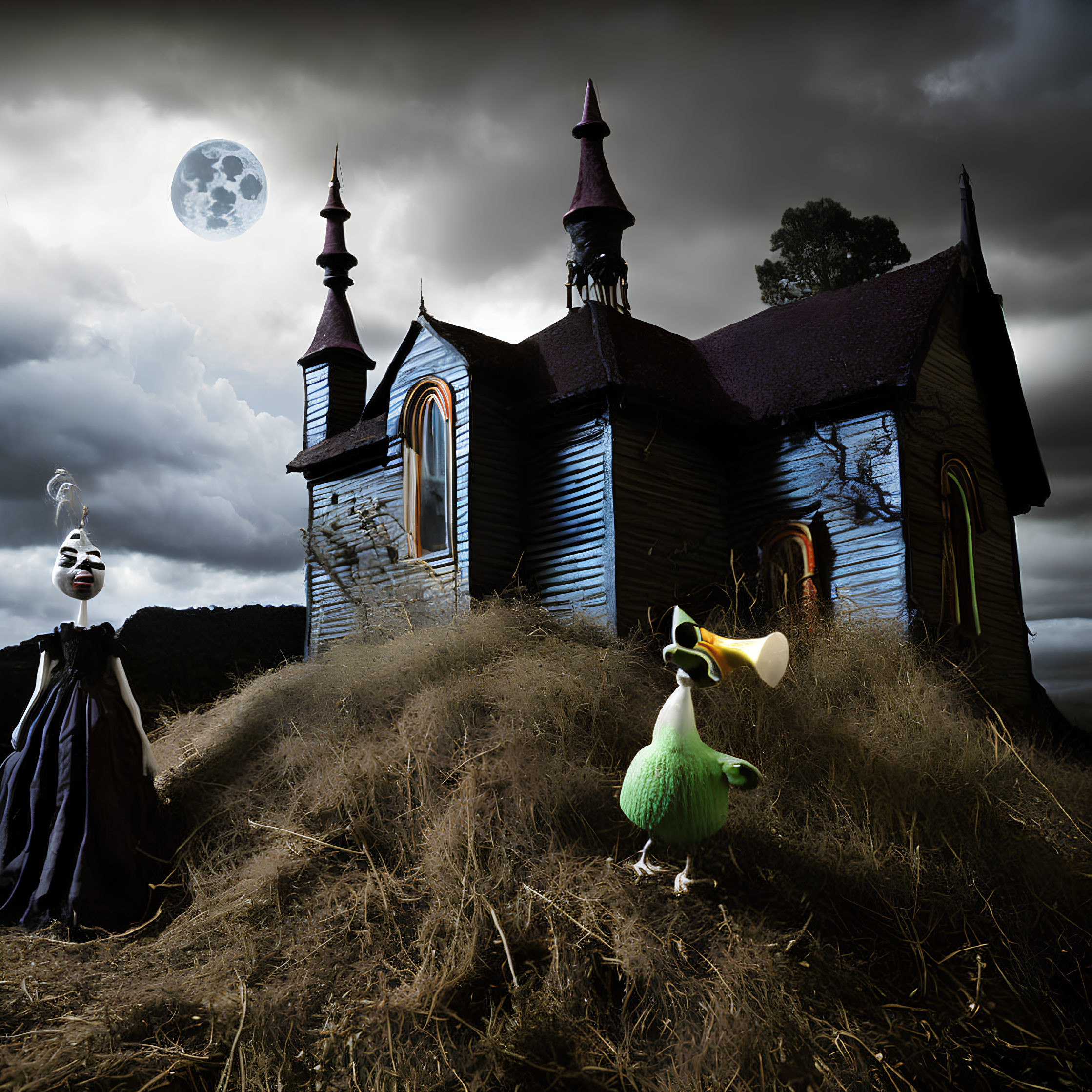 Gothic church, full moon, eerie clown, duck with megaphone on grassy kn