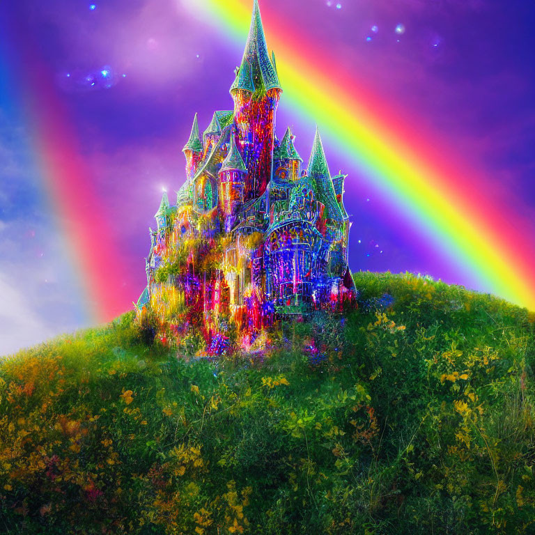 Fantasy castle on lush hill with double rainbows and starry sky