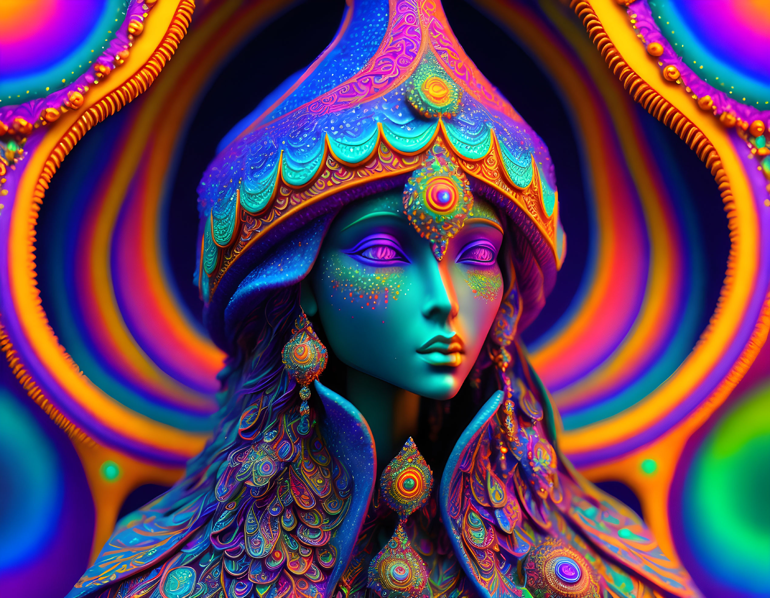 Colorful digital artwork featuring a woman with decorative headwear and intricate patterns