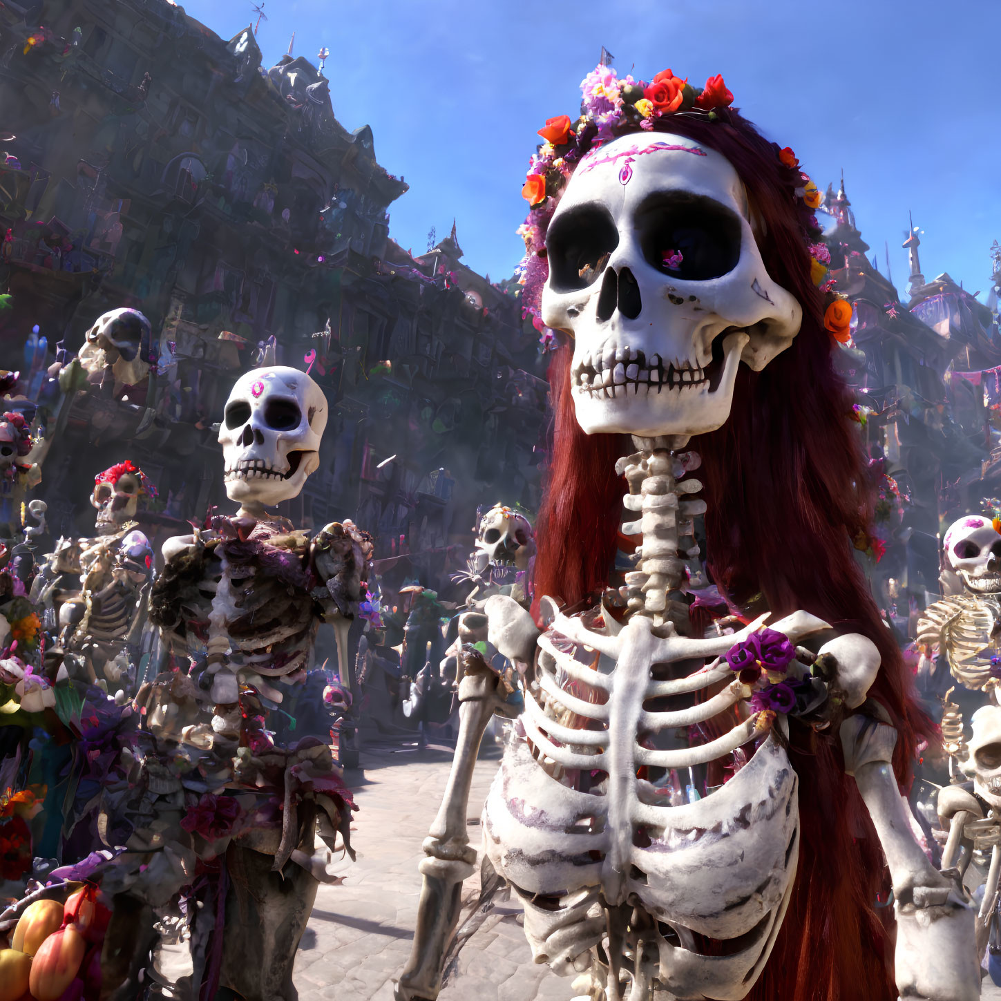 Vibrant skeleton figures with floral decorations in a lively Day of the Dead scene.