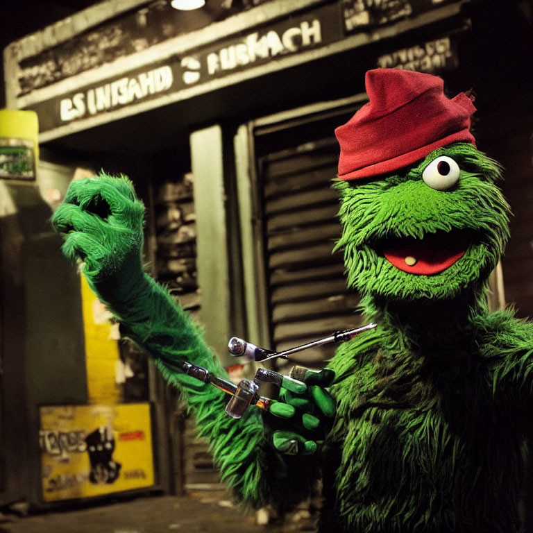 Fluffy monster puppet in green with red beret and drumsticks by graffiti wall